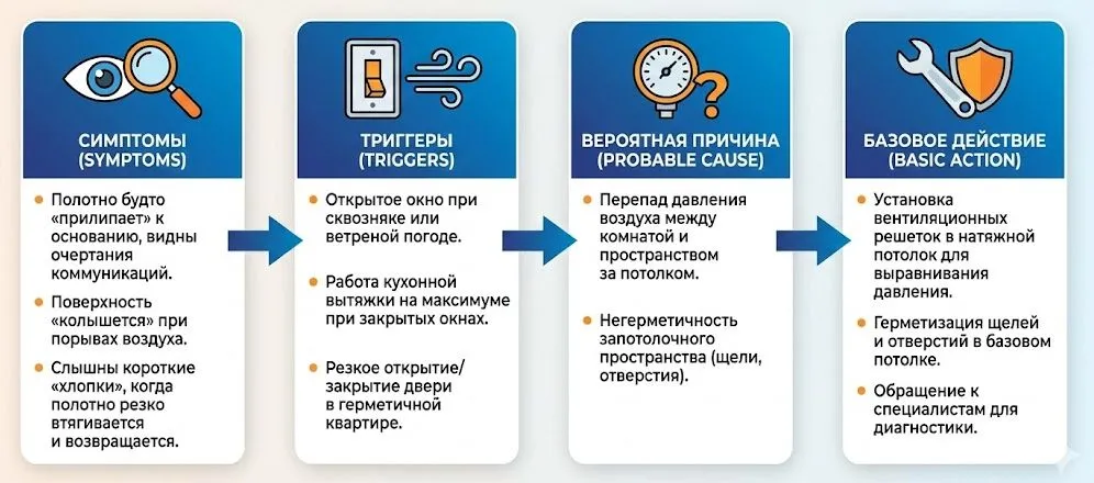 причины и действие при втягивании натяжного потолка